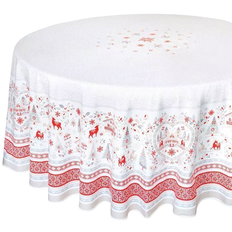 70" Round Mistletoe Red Acrylic-Coated Cotton Tablecloth by Tissus Toselli