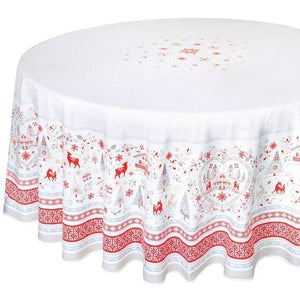 French Provencal tablecloth - Acrylic coated cotton, Spill-proof - Round - Mistletoe red & gray | Tissus Toselli