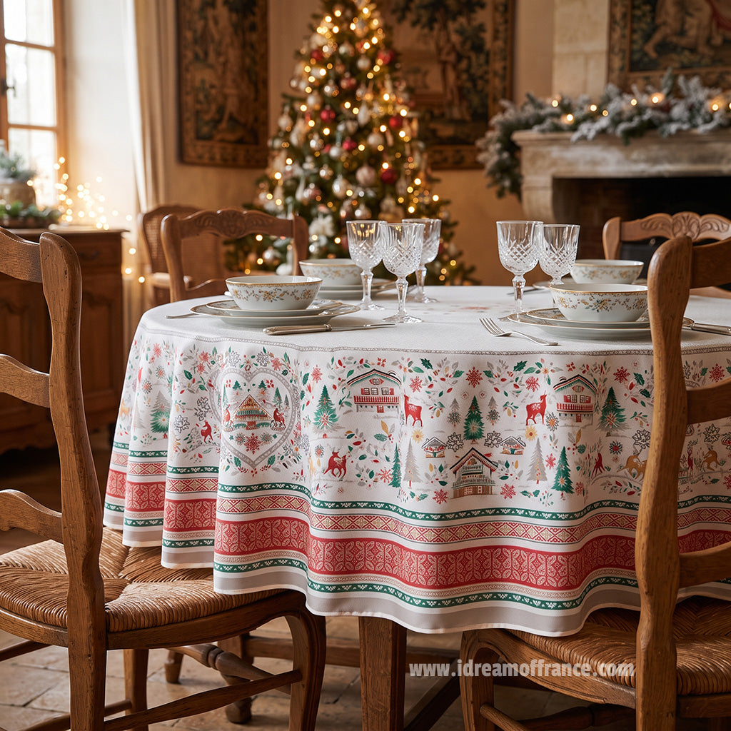 70" Round Mistletoe Red & Green Acrylic-Coated Cotton Tablecloth by Tissus Toselli