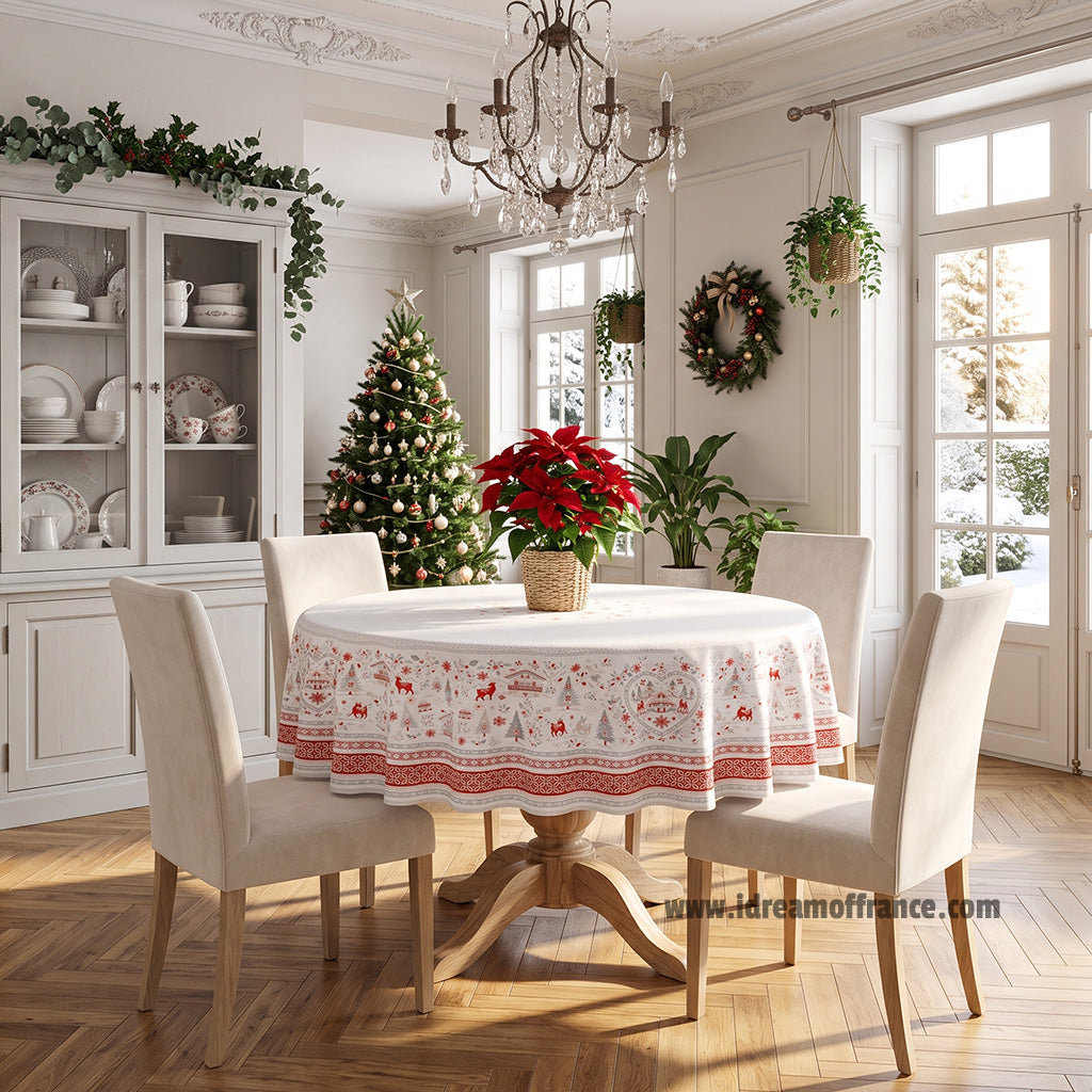 French Provencal tablecloth - Acrylic-coated cotton - 70" round - Mistletow red & gray | Label France
