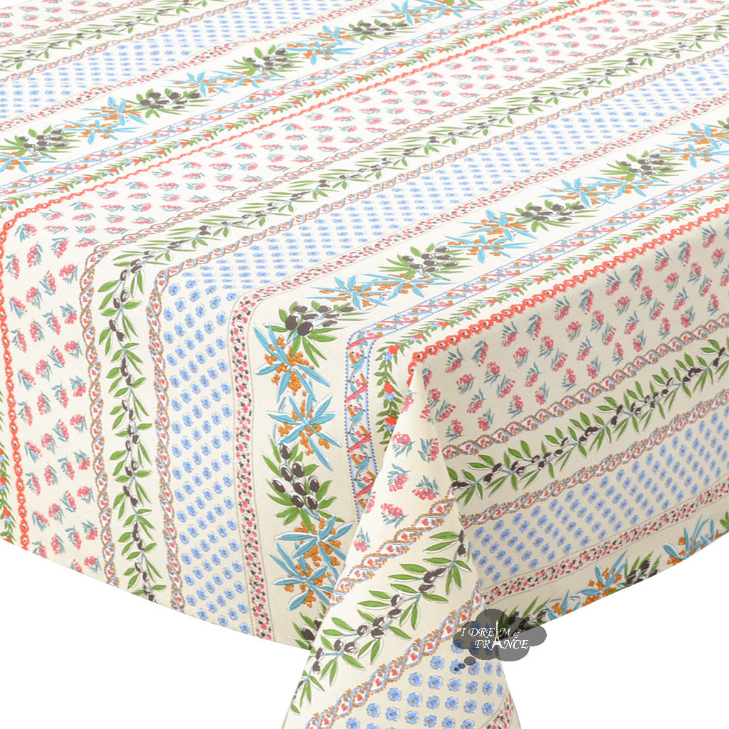 58" Square Olives Cream Acrylic-Coated Cotton Provence Tablecloth by Le Cluny