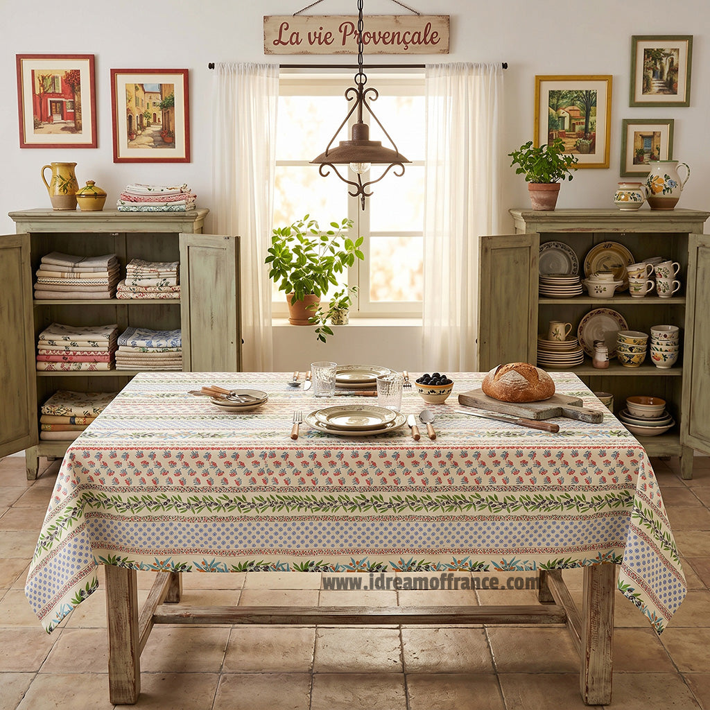 60x 96" Rectangular Olives Cream Cotton Coated Provence Tablecloth by Le Cluny