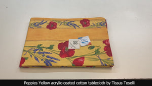 58" Square Poppies Yellow Acrylic-Coated Cotton Tablecloth by Tissus Toselli