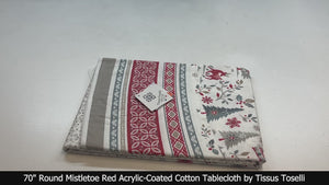 70" Round Mistletoe Red & Gray Acrylic-Coated Cotton Tablecloth by Tissus Toselli