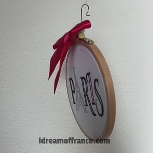 Paris Eiffel Tower Embroidered in Wood Frame Ornament by Vibrantly Blue