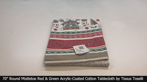 70" Round Mistletoe Red & Green Acrylic-Coated Cotton Tablecloth by Tissus Toselli