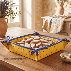 French bread basket - Acrylic-coated Cotton - Calisson yellow & blue | Tissus Toselli - Lifestyle