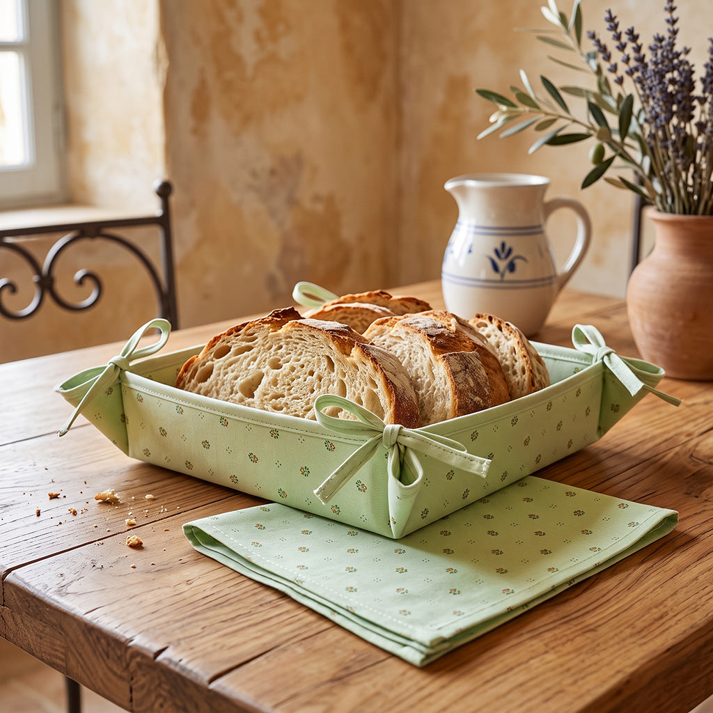 Ramatuelle Green Cotton Bread Basket by Tissus Toselli