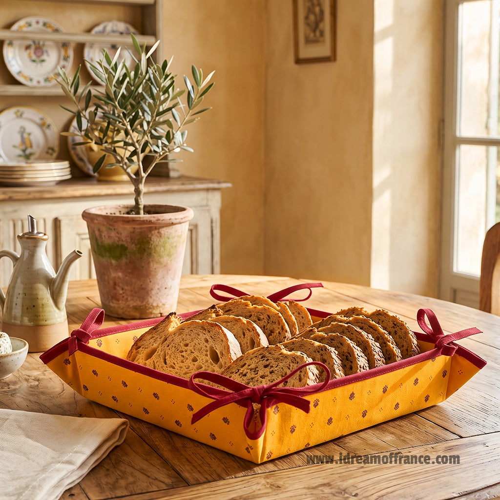 Calisson Yellow & Red Coated Cotton Bread Basket by Tissus Toselli