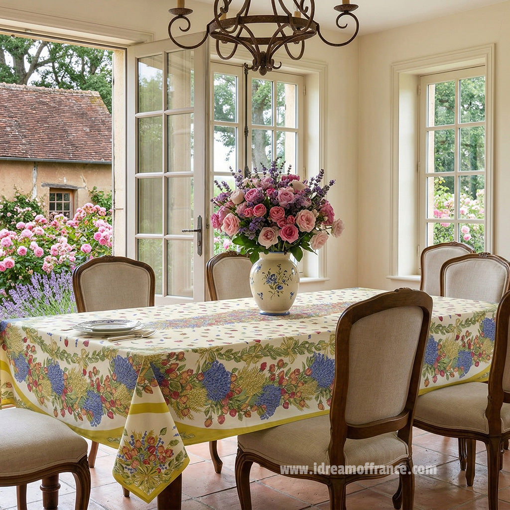 60x 96" Rectangular Roses & Lavender Coated Cotton Tablecloth by Tissus Toselli