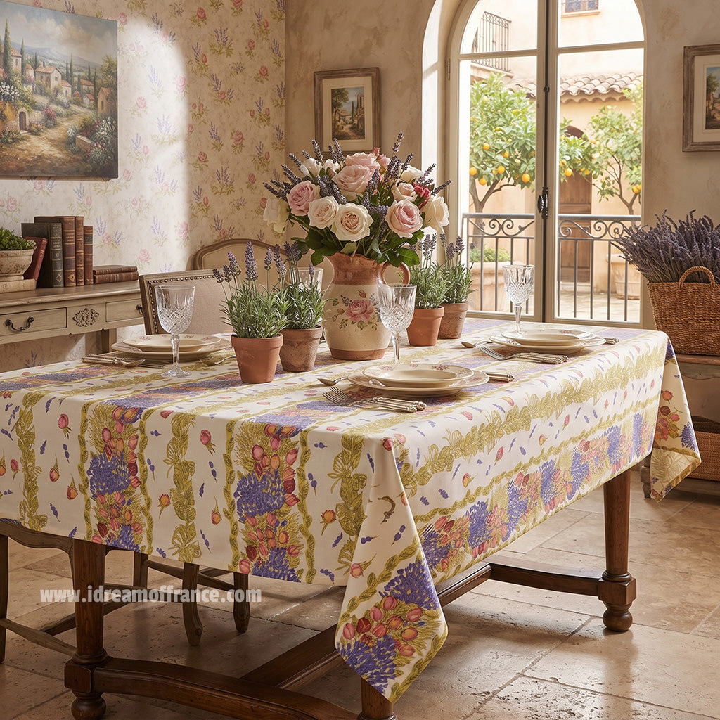 French Provencal tablecloth - Acrylic coated cotton, Spill-proof - Rectangular - Roses & Lavender | Tissus Toselli