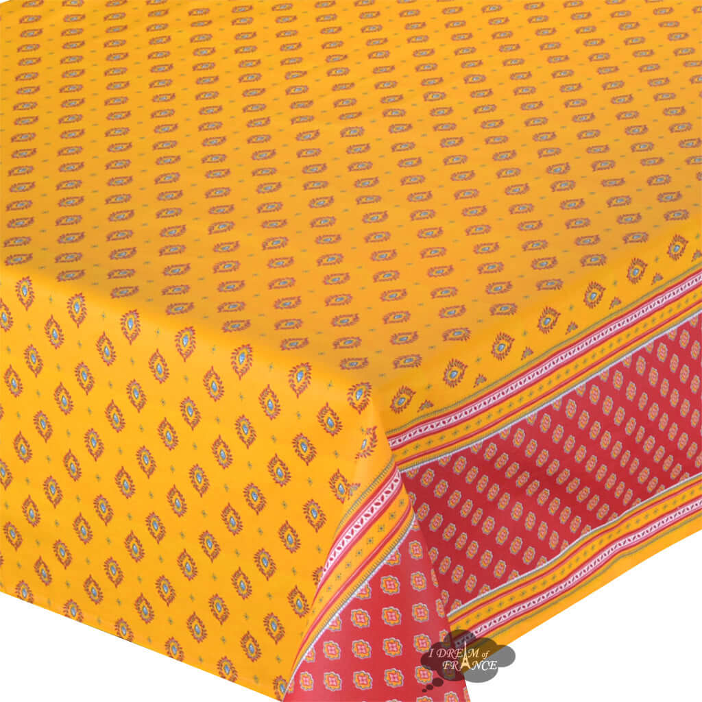 60x120" Rectangular Sormiou Yellow & Red Acrylic Coated Cotton Double Border Tablecloth by Label France