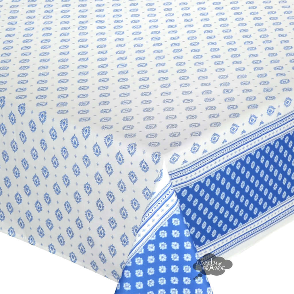 60x96" Sormiou Blue & White Double-Border Acrylic-Coated Cotton Tablecloth by Label France