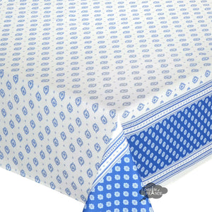 60x96" Sormiou Blue & White Double-Border Acrylic-Coated Cotton Tablecloth by Label France