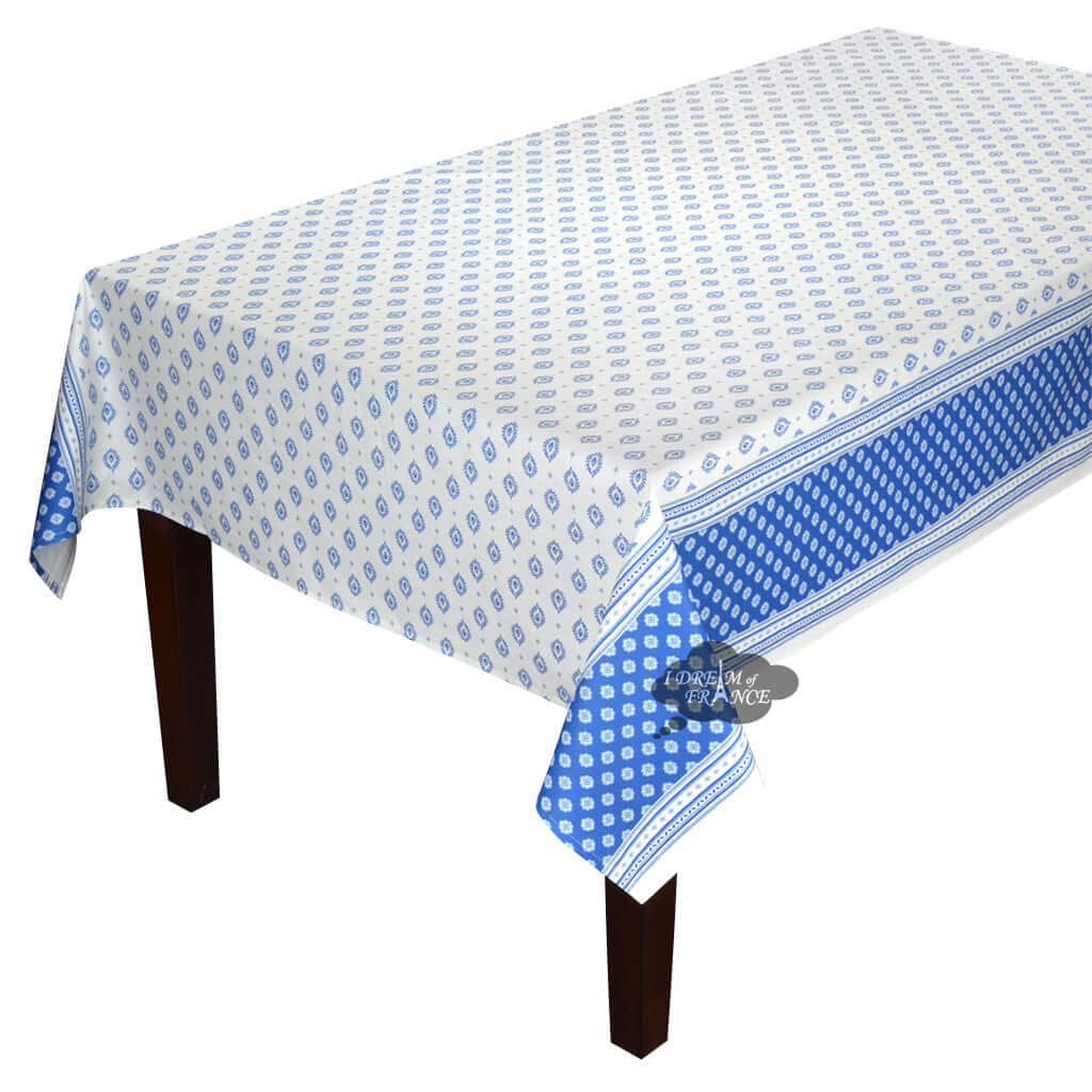 60x138" Rect Sormiou Blue & White Double Border Acrylic-Coated Cotton Tablecloth by l'Ensoleillade