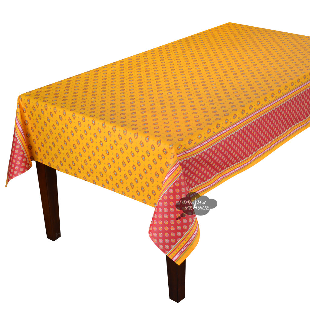 60x120" Rectangular Sormiou Yellow & Red Acrylic Coated Cotton Double Border Tablecloth by Label France