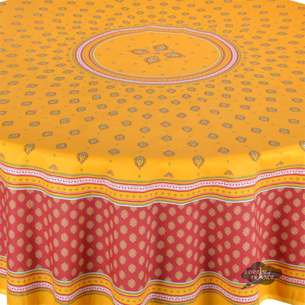 70" Round Sormiou Yellow & Red Acrylic-Coated Cotton Tablecloth by Label France