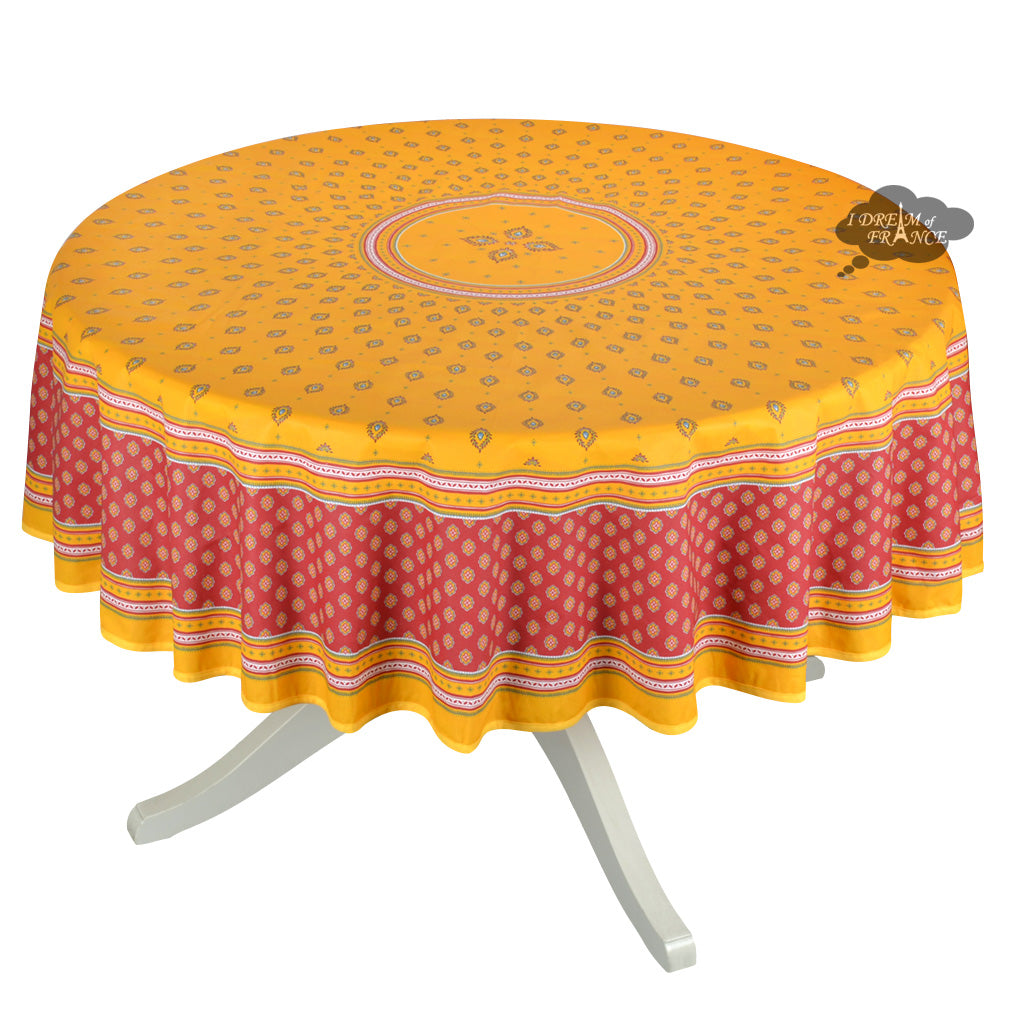 70" Round Sormiou Yellow & Red Acrylic-Coated Cotton Tablecloth by Label France