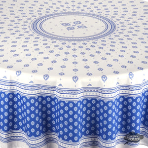 70" Round Sormiou Blue & White Acrylic-Coated Cotton Tablecloth by Label France