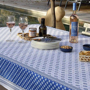 60x96" Sormiou Blue & White Double-Border Acrylic-Coated Cotton Tablecloth by Label France