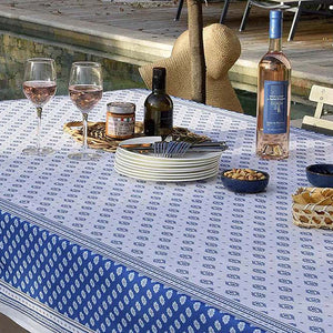 60x138" Rect Sormiou Blue & White Double Border Acrylic-Coated Cotton Tablecloth by l'Ensoleillade