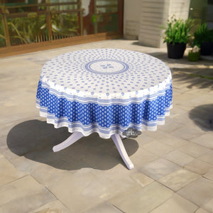 70" Round Sormiou Blue & White Acrylic-Coated Cotton Tablecloth by Label France