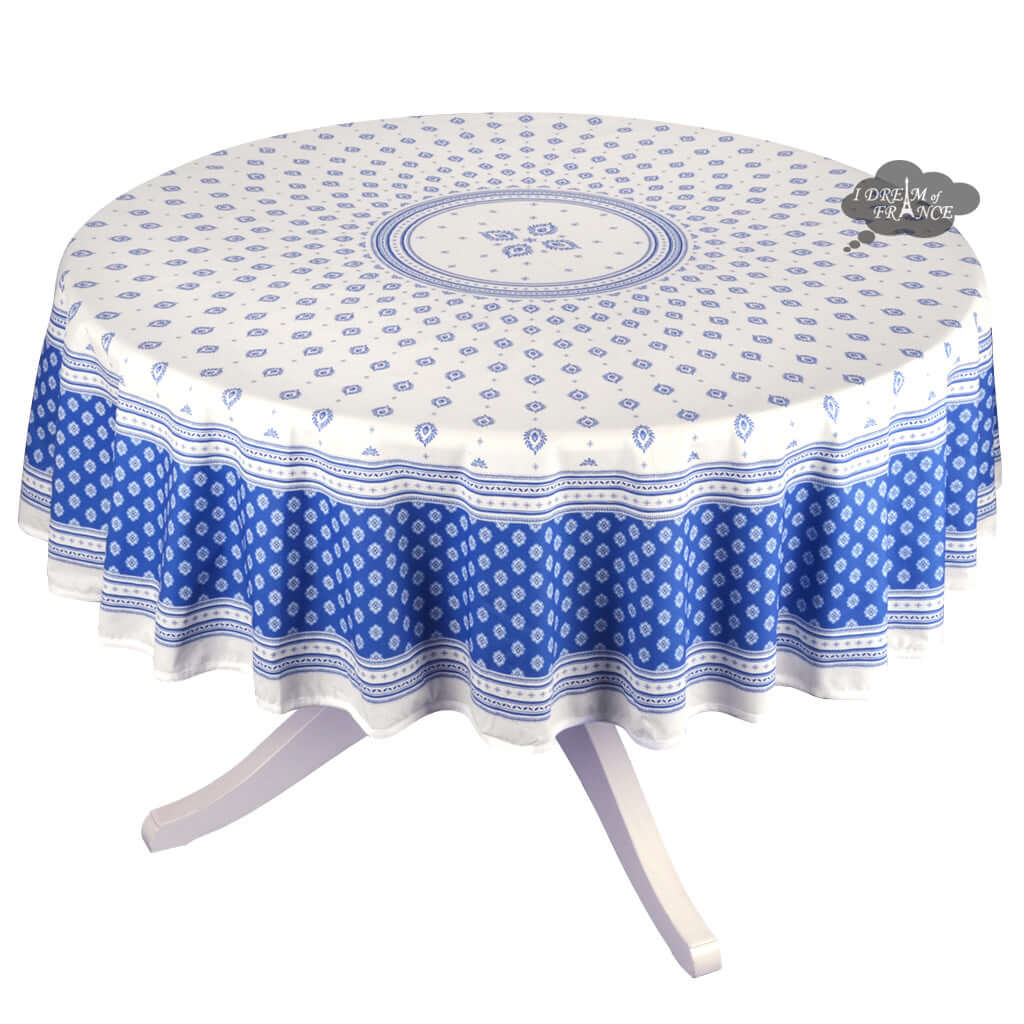 70" Round Sormiou Blue & White Acrylic-Coated Cotton Tablecloth by Label France