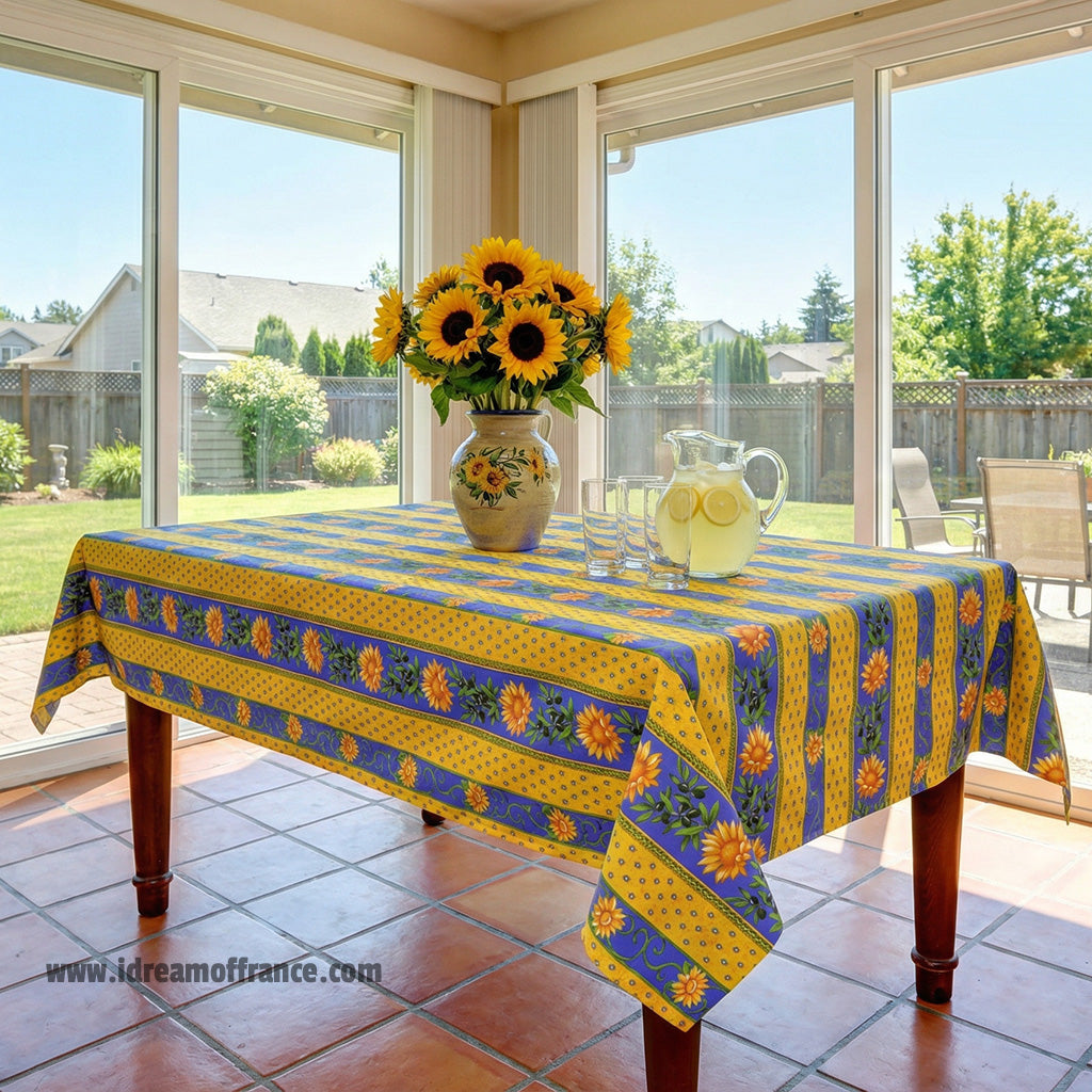 60x108" Rectangular Sunflower Blue Cotton Coated Provence Tablecloth by Le Cluny