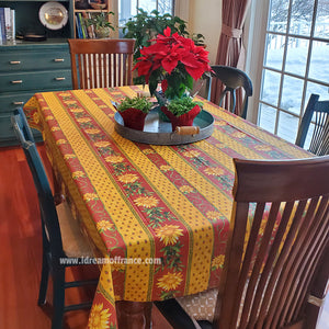 60x108" Rectangular Sunflower Red Acrylic-Coated Cotton Provence Tablecloth by Le Cluny