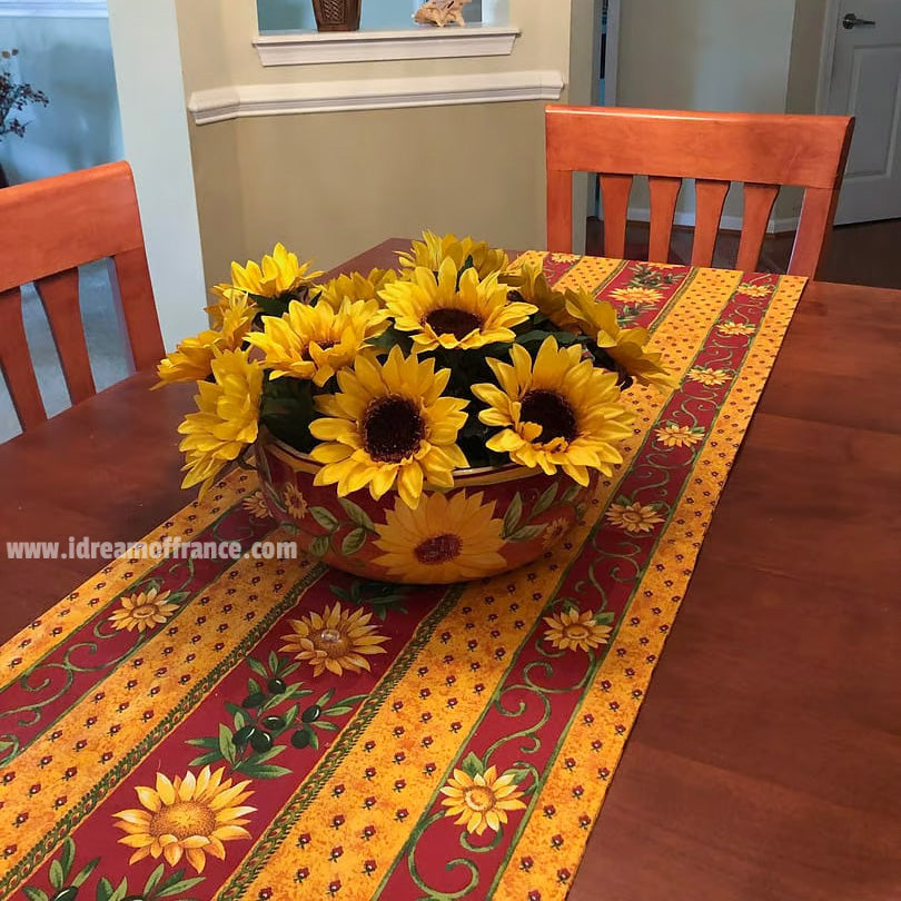 16x72" Sunflower Red Acrylic-Coated Cotton Provence Table Runner by Le Cluny