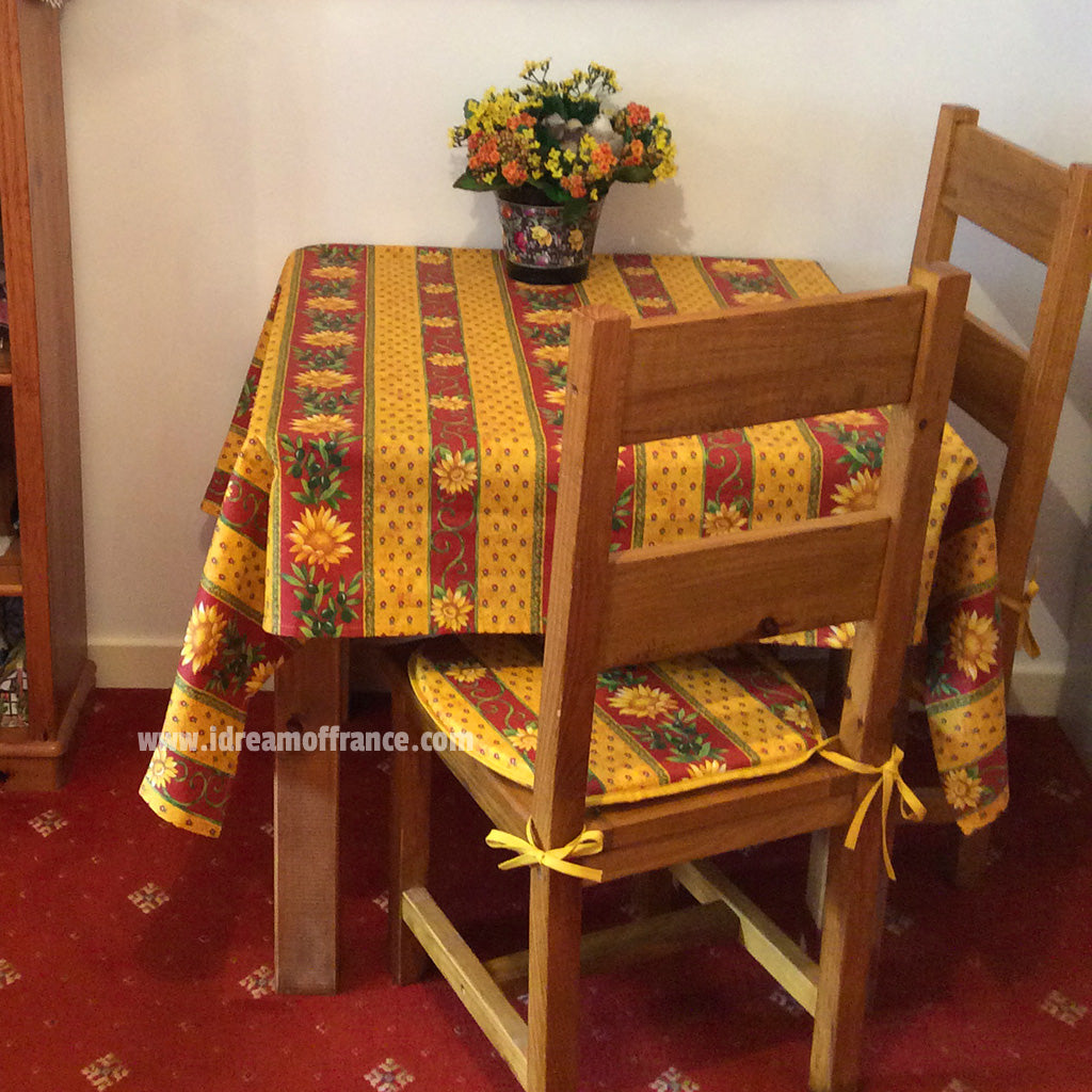 58" Square Sunflower Red Cotton Coated Provence Tablecloth by Le Cluny
