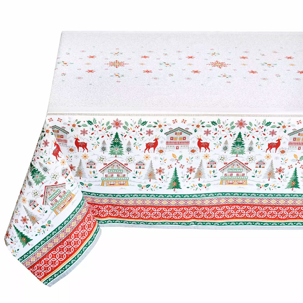60x96" Rectangular Mistletoe Red & Green Double Border Acrylic Coated Cotton Tablecloth by Tissus Toselli (Copy)