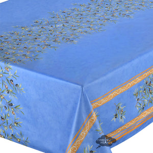 60x138" Rect Clos des Oliviers Blue Double Border Acrylic-Coated Cotton Tablecloth by l'Ensoleillade