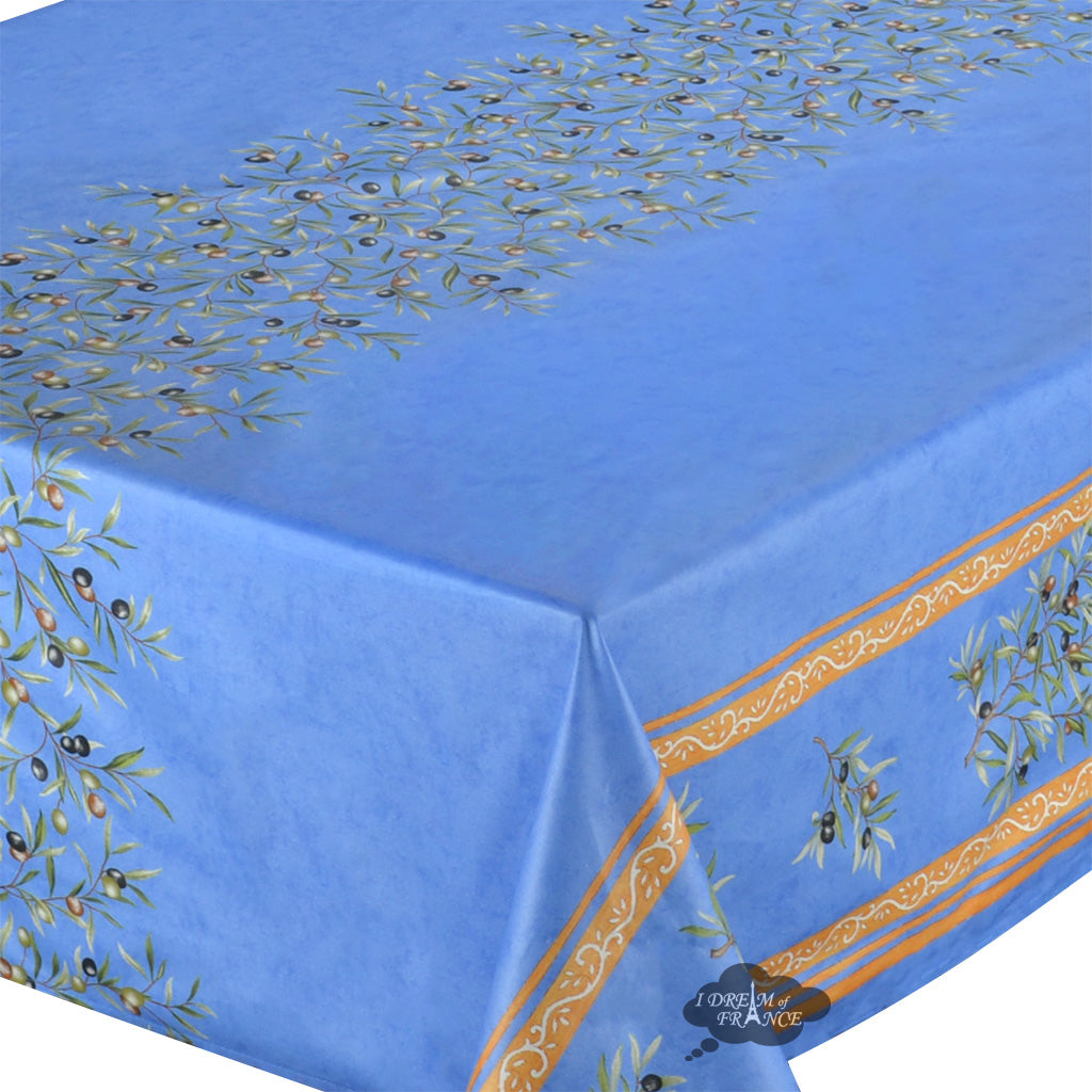 60" Square Clos des Oliviers Blue Acrylic-Coated Cotton Tablecloth by Label France