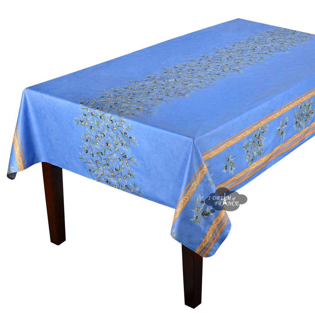 60x138" Rect Clos des Oliviers Blue Double Border Acrylic-Coated Cotton Tablecloth by l'Ensoleillade
