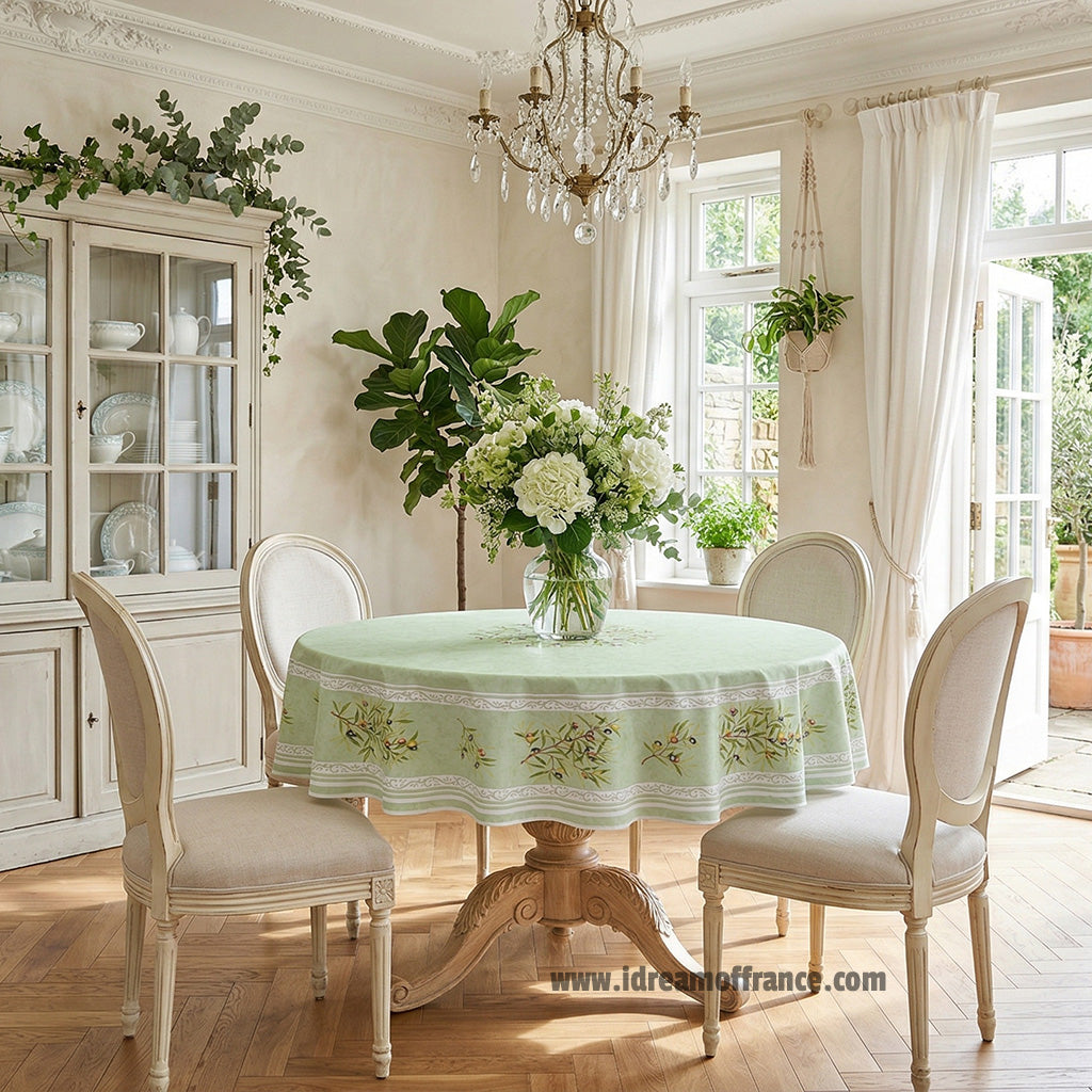 70" Round Clos des Oliviers Green Coated Cotton Tablecloth by Tissus Toselli