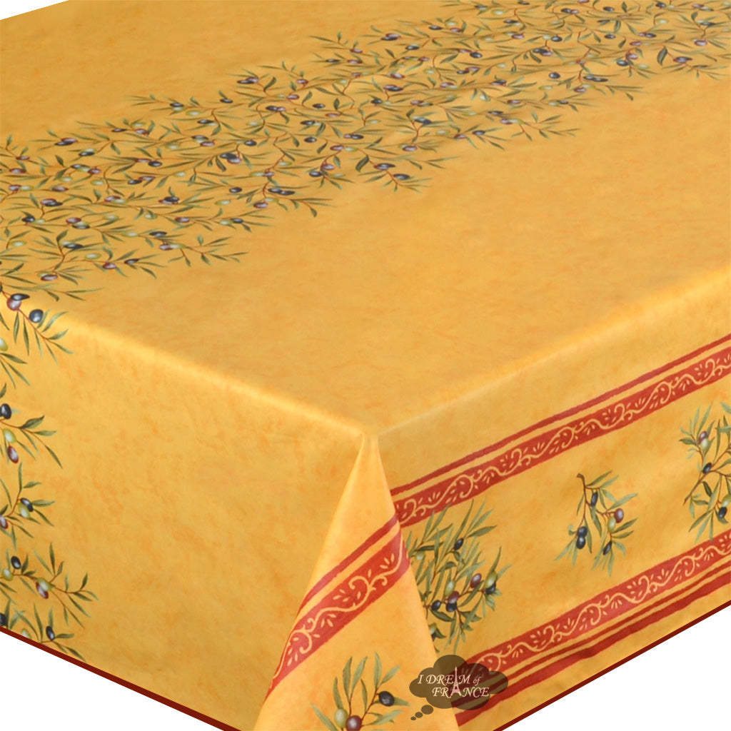 62" Square Clos des Oliviers Yellow Double Border Acrylic-Coated Cotton Tablecloth by Label France