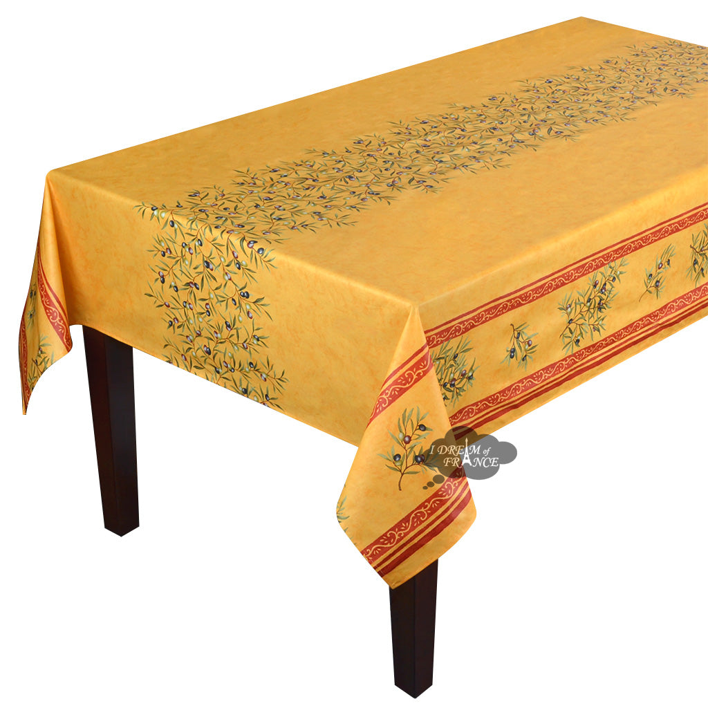 60x138" Rect Clos des Oliviers Yellow Double Border Acrylic-Coated Cotton Tablecloth by l'Ensoleillade