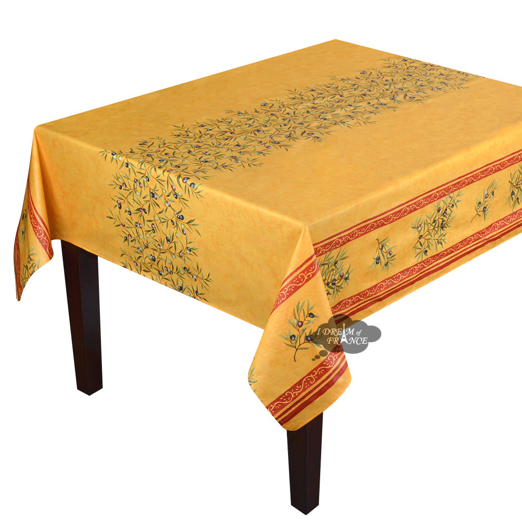62" Square Clos des Oliviers Yellow Double Border Acrylic-Coated Cotton Tablecloth by Label France