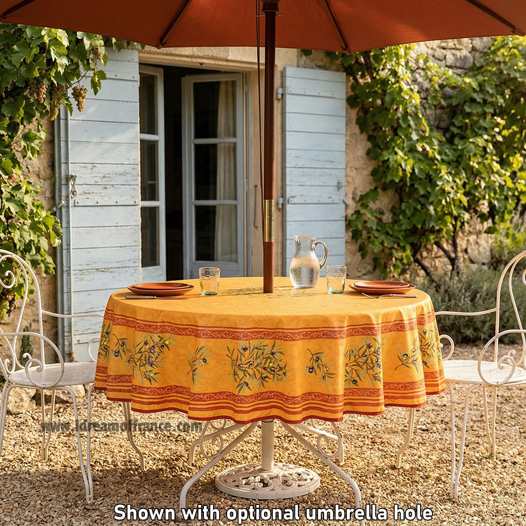 70" Round Clos des Oliviers Yellow Coated Cotton Tablecloth by Tissus Toselli