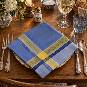 French Jacquard napkin - Cotton - Olivia blue & yellow  - Tissus Toselli - Lifestyle 