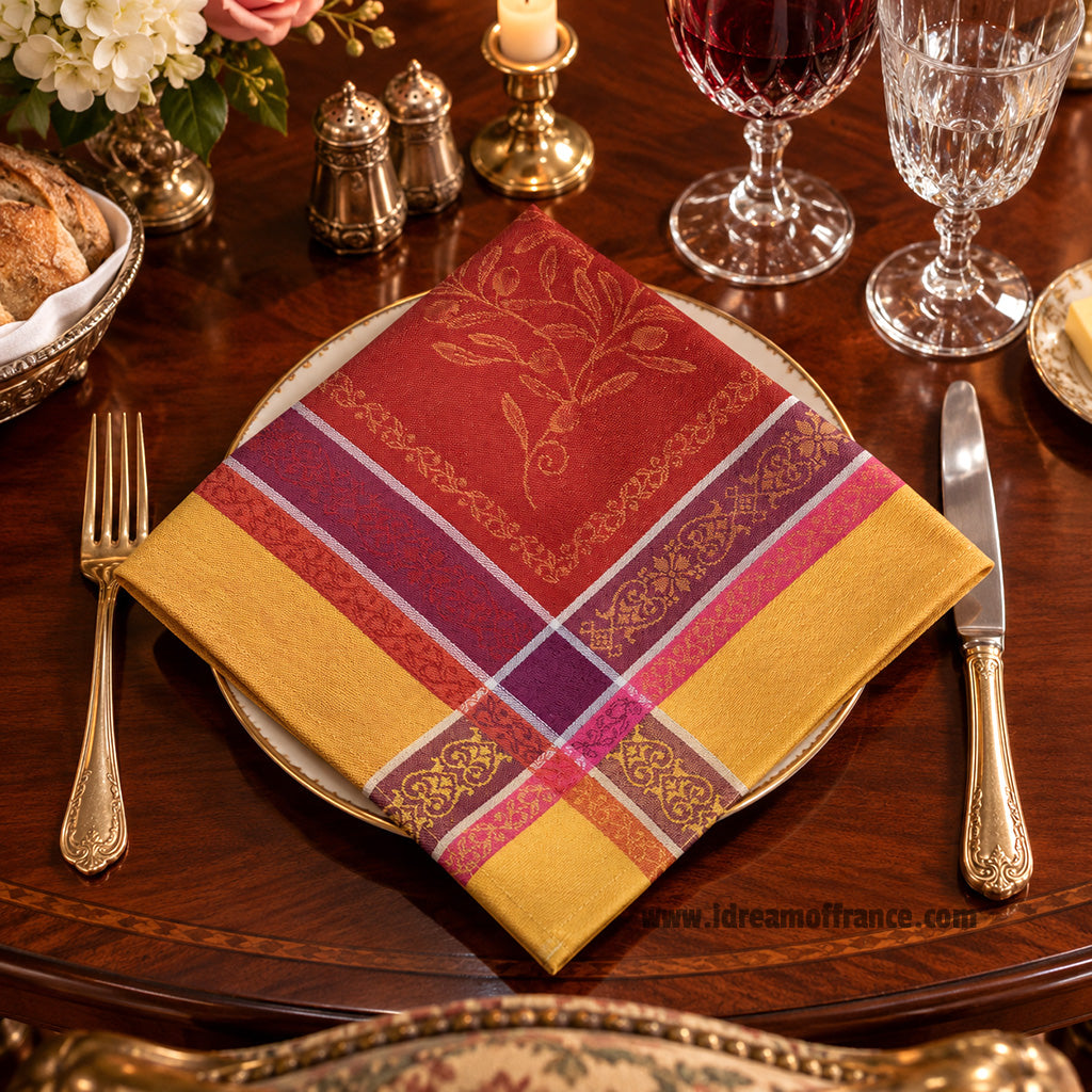 Olivia Yellow & Red French Cotton Jacquard Napkin by Tissus Toselli