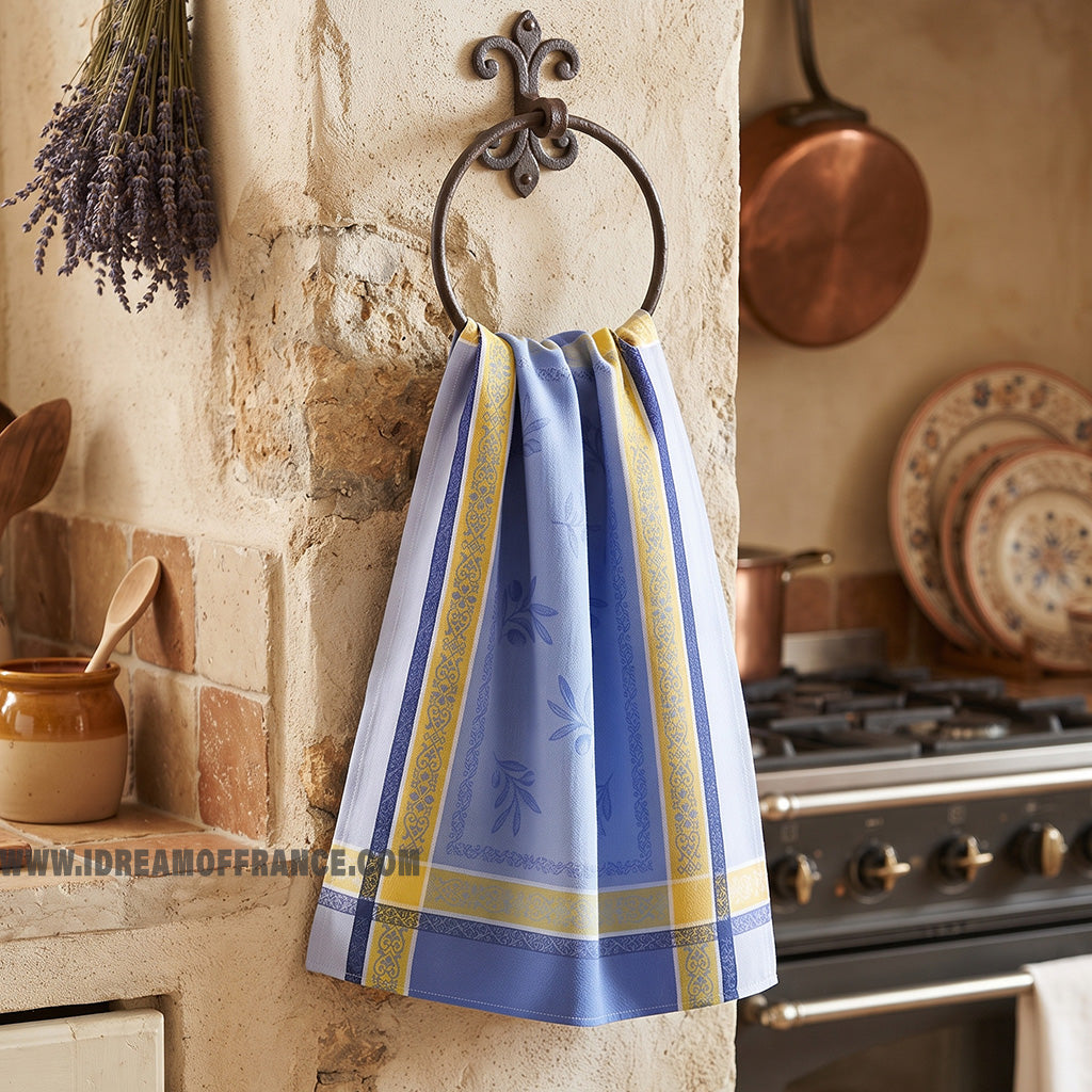 Olivea Blue & Yellow Cotton Jacquard Dish Towel by Tissus Toselli