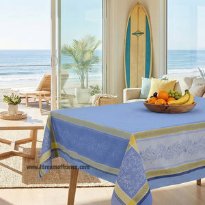 62" Square Olivia Blue & Yellow French Jacquard Tablecloth by Tissus Toselli