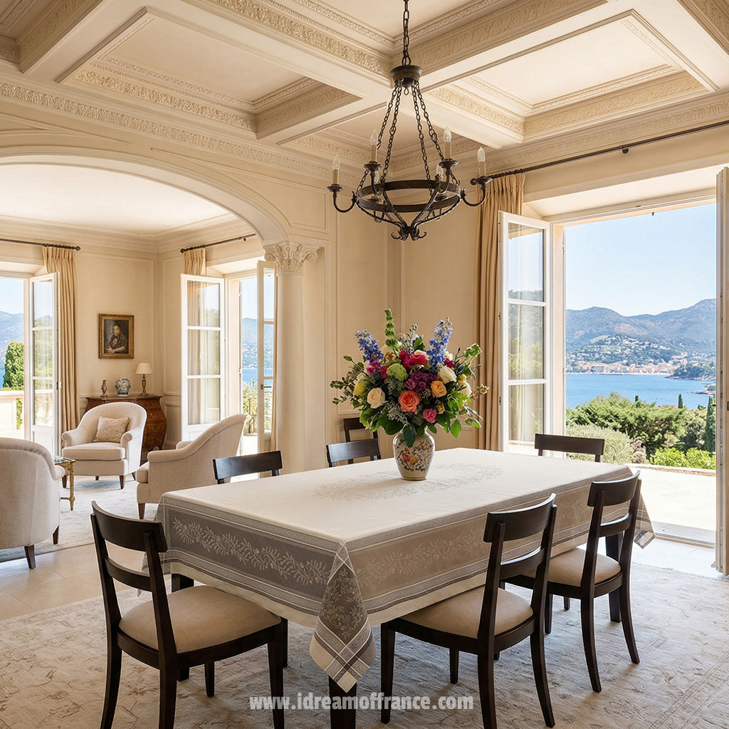 Olivia Cream Rectangular French Jacquard Tablecloth by Tissus Toselli