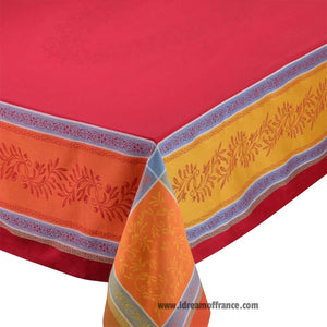 French Jacquard tablecloth - Cotton - Stain resistant - Rectangular - Olivia red & orange | Tissus Toselli