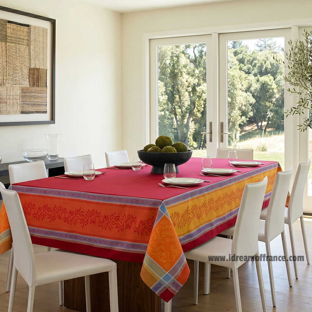 62x98" Rectangular Olivia Red French Jacquard Tablecloth by Tissus Toselli