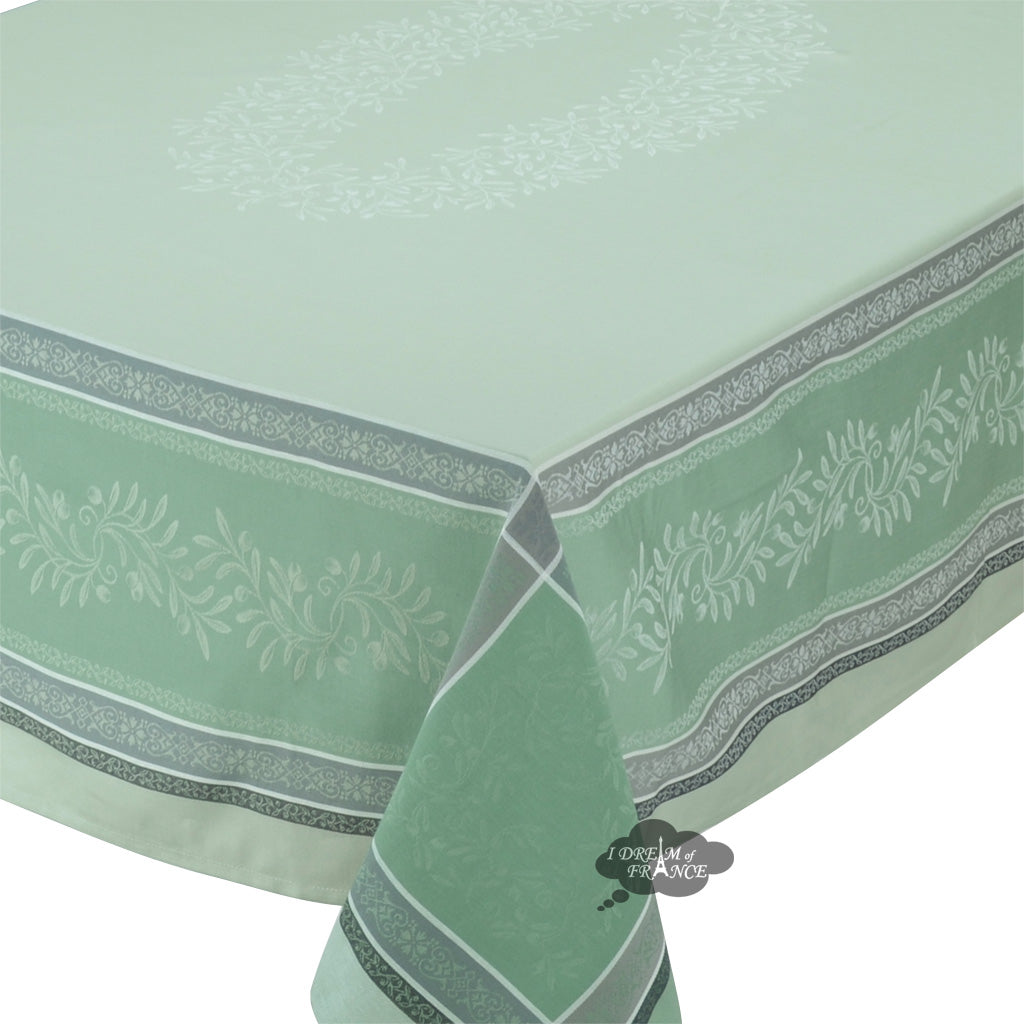 62x120" Rectangular Olivia Green Jacquard Tablecloth with Teflon