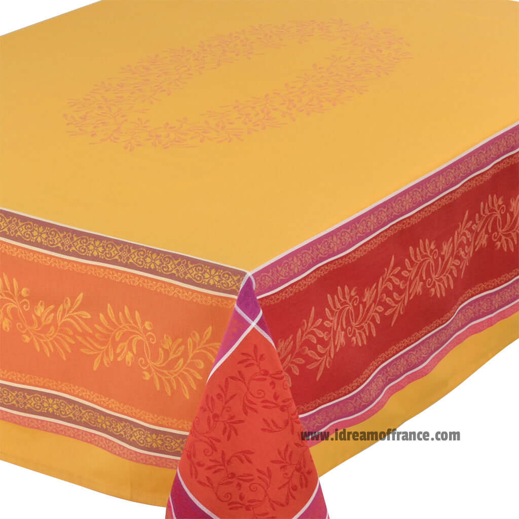 62x78" Rectangular Olivia Yellow & Red French Jacquard Tablecloth with Teflon