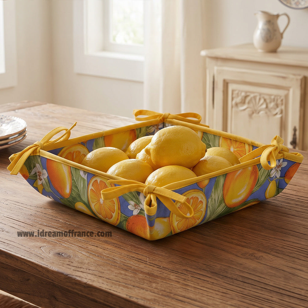 French bread basket - Acrylic-coated Cotton - Lemons blue | Tissus Toselli